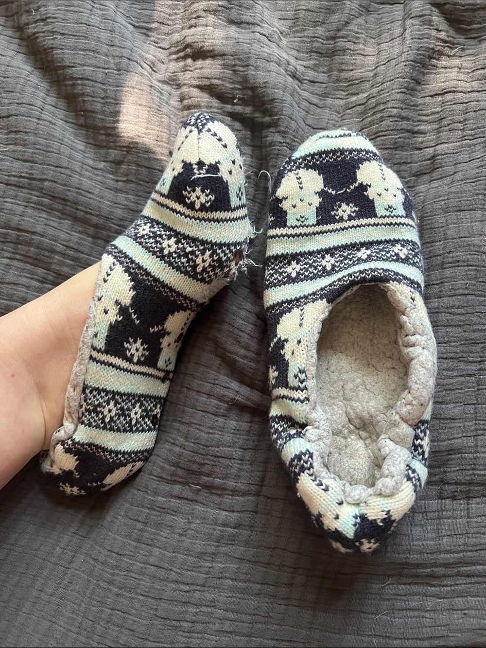 Women's WW Cozy Knit Polar Bear Slip-On Slippers in Navy and Light Blue